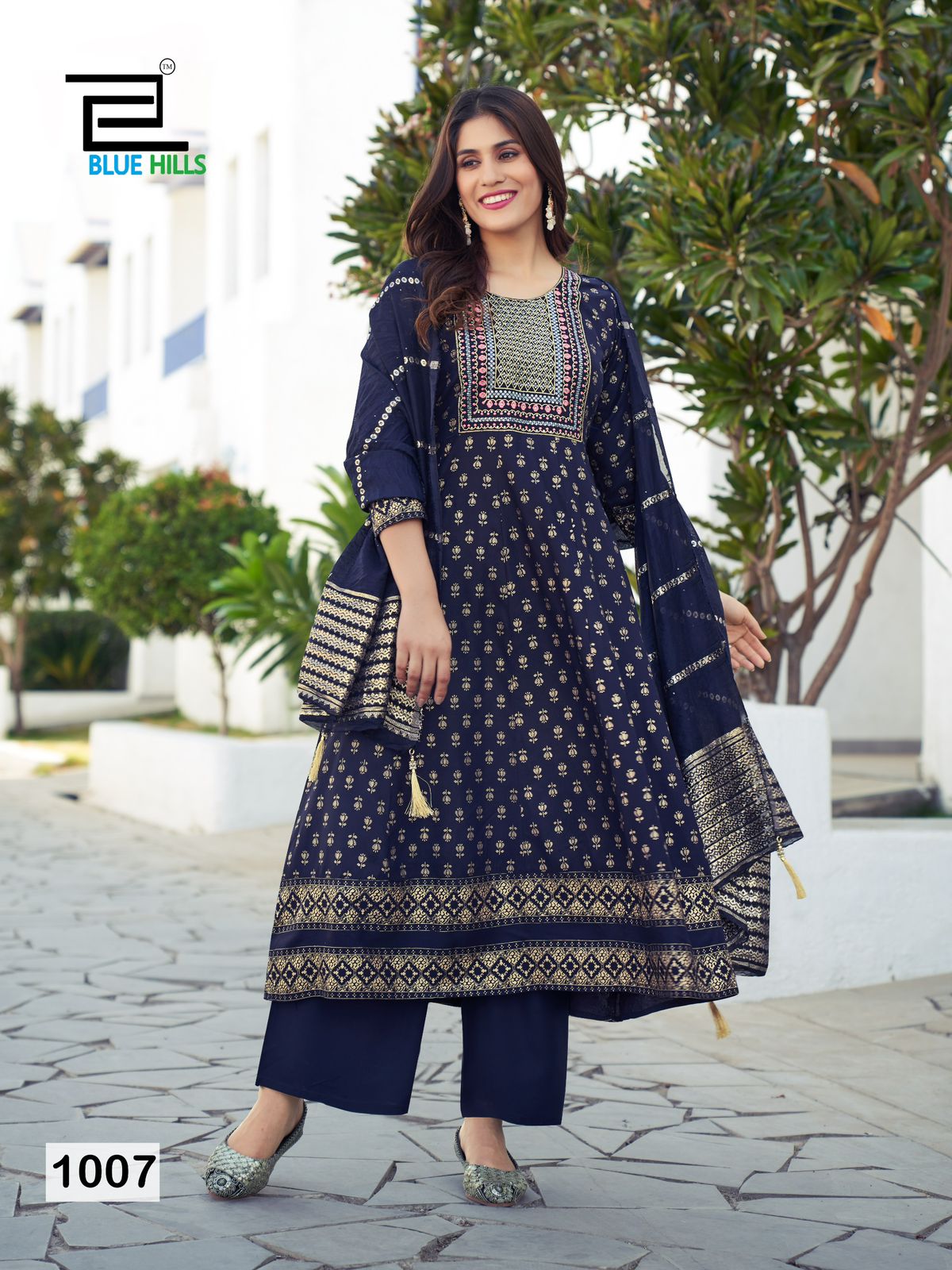 Muskan By Blue Hills Rayon Foil Printed Embroidery Kurti With Bottom Dupatta Wholesale Online